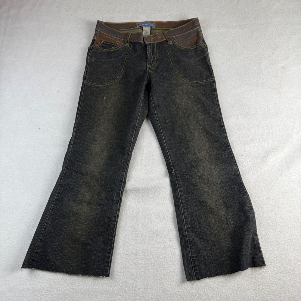 To The Max! Women Dark Wash Brown Contrast Waist Flare Jeans Raw Hem Y2K Size 7